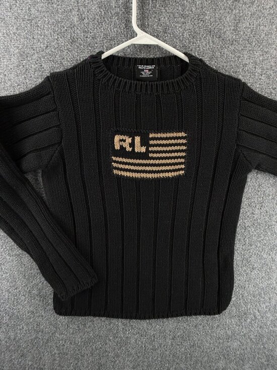 Ralph Lauren Sweaters - Ralph Lauren USA Flag Sweater Women Large Black Cotton Ribbed Knit Stretch Crew